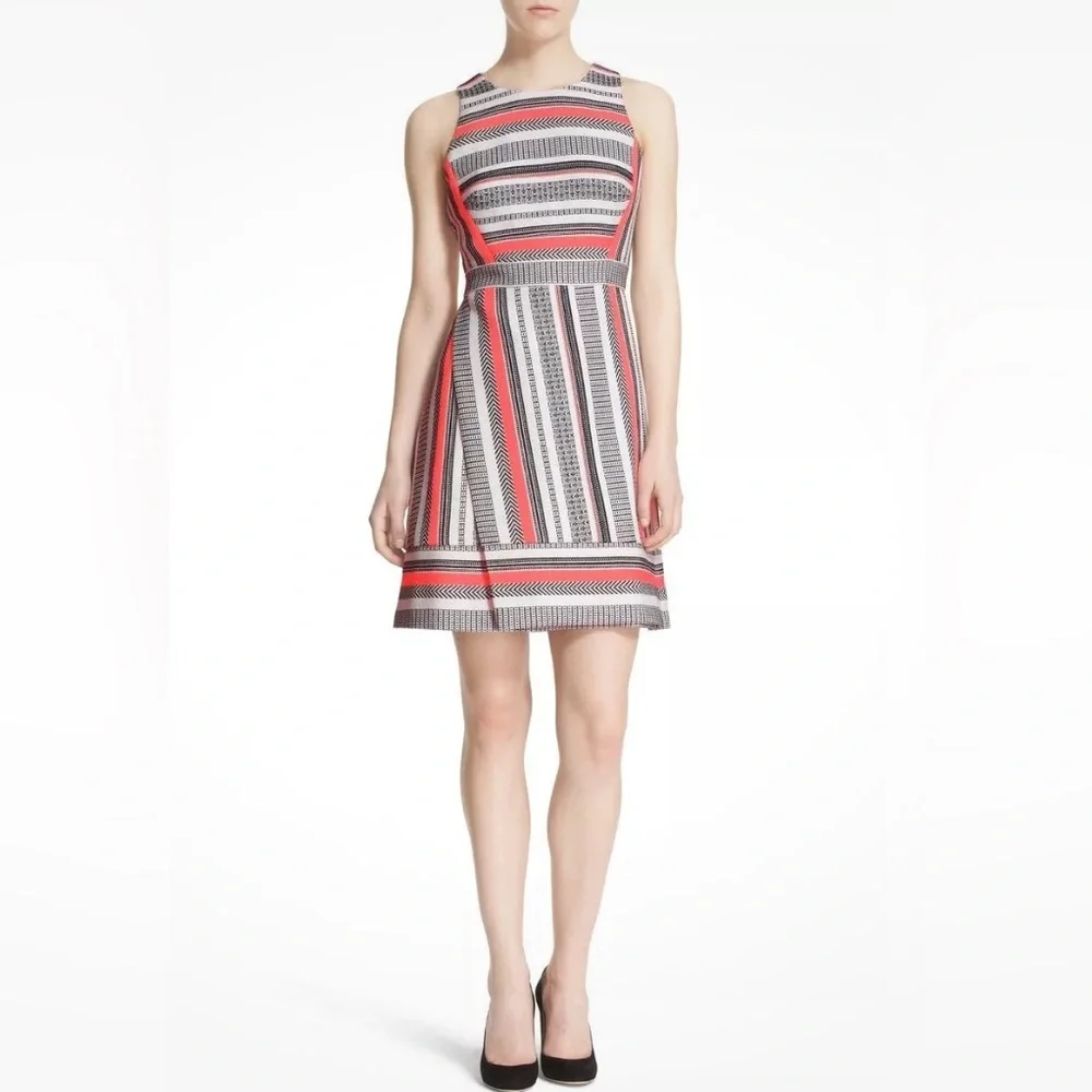 Kate Spade Ribbon Jacquard Sleeveless Dress Size 4 White Black Orange Wrap Flare